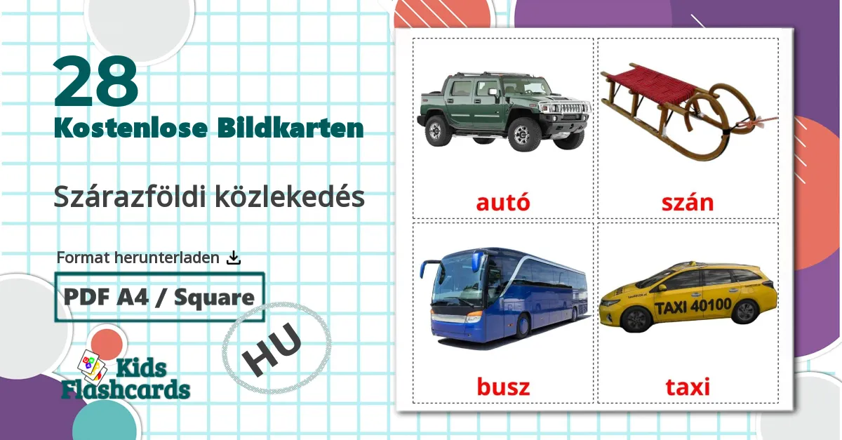 28 Bildkarten für Szárazföldi közlekedés