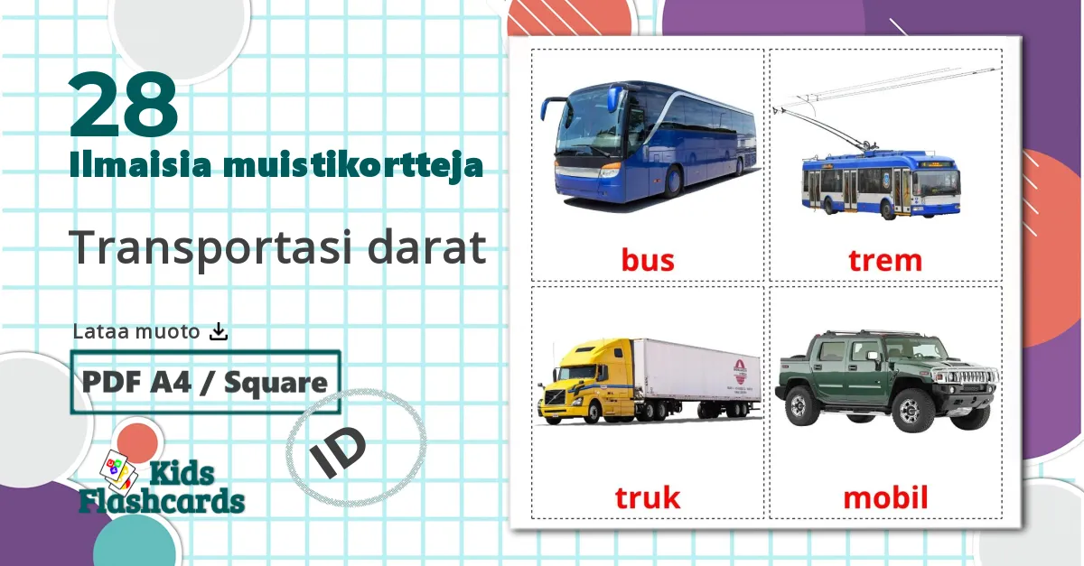 28 Transportasi darat lasten kuvakortit