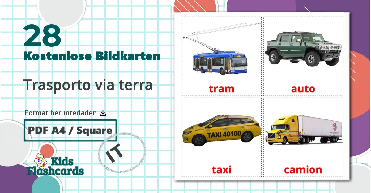 28 Bildkarten für Trasporto via terra