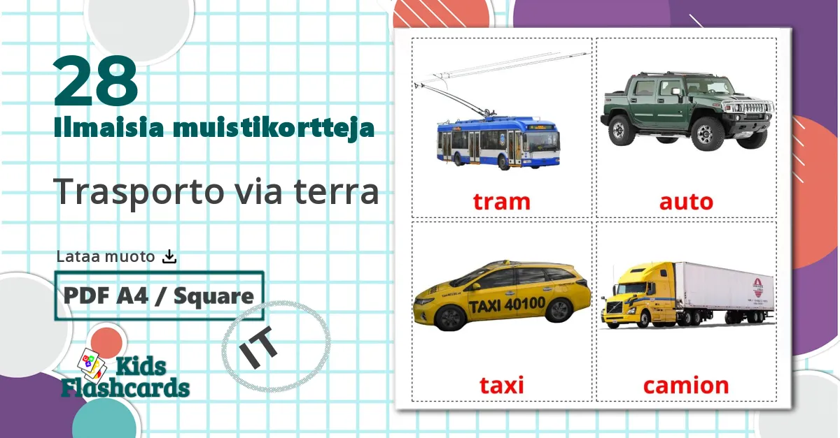 28 Trasporto via terra lasten kuvakortit