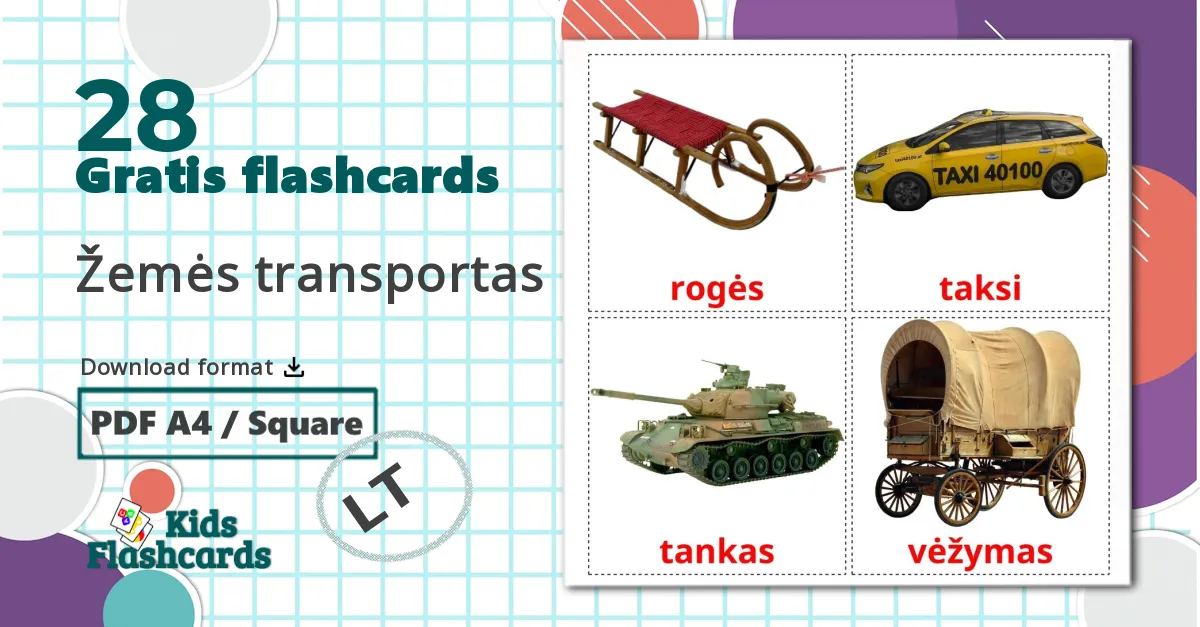 28 Žemės transportas billedkort for børn