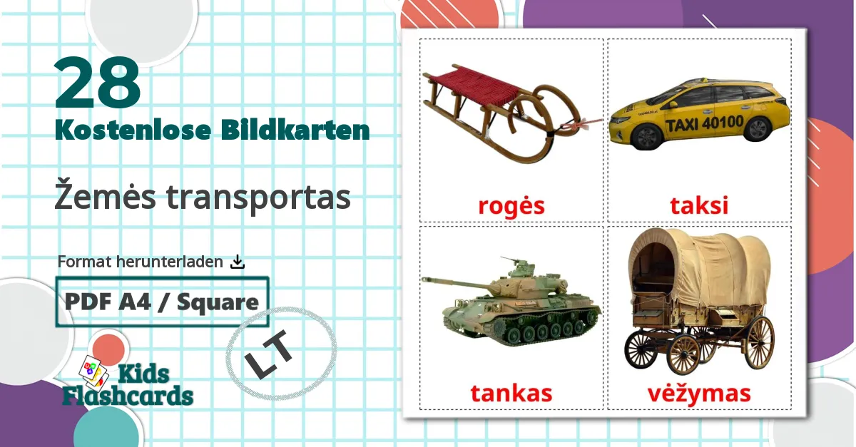 28 Bildkarten für Žemės transportas