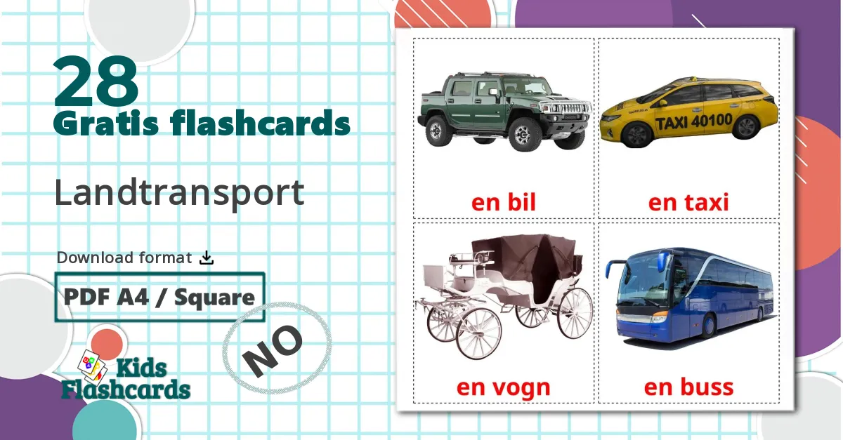 28 Landtransport billedkort for børn