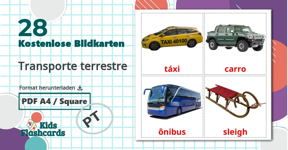 28 Bildkarten für Transporte terrestre