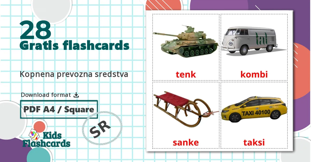28 Kopnena prevozna sredstva billedkort for børn