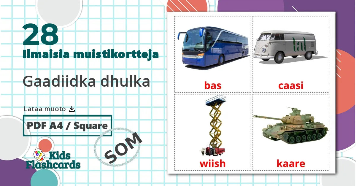 28 Gaadiidka dhulka lasten kuvakortit