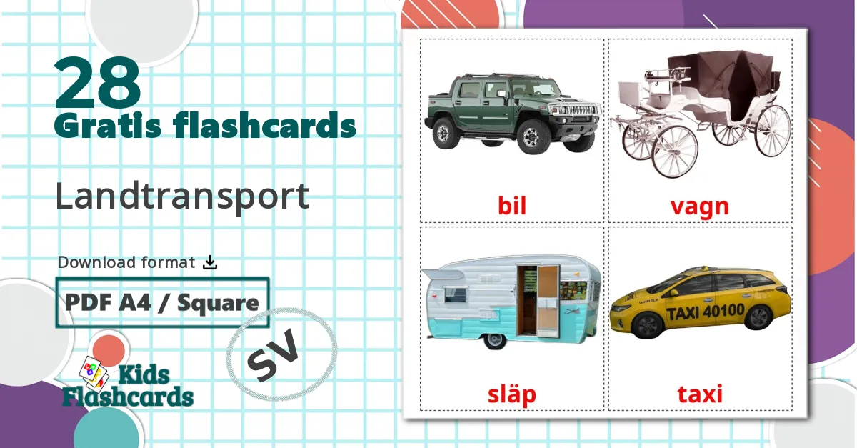 28 Landtransport billedkort for børn