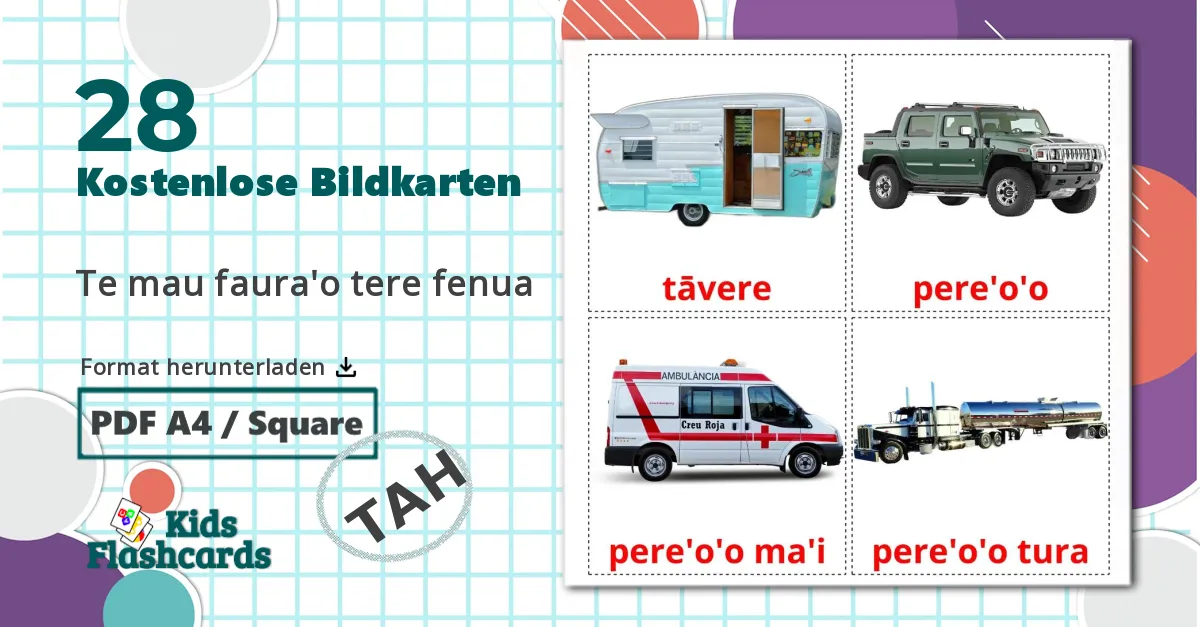 28 Bildkarten für Te mau faura'o tere fenua
