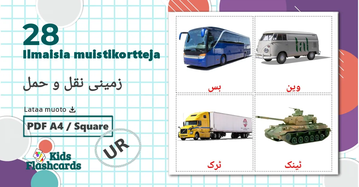 28 زمینی نقل و حمل lasten kuvakortit