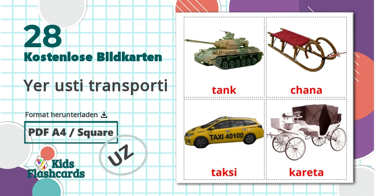 28 Bildkarten für Yer usti transporti