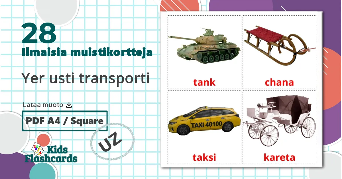 28 Yer usti transporti lasten kuvakortit