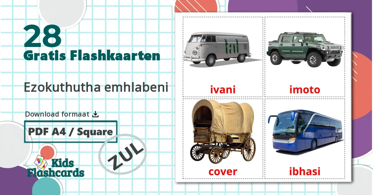28 Landvoertuigen Leerkaarten voor kinderen