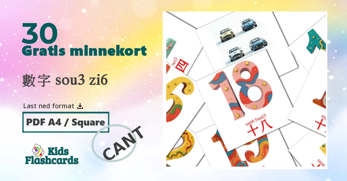 數字 sou3 zi6 bildekort for barn på kantonesisk(dagligspråk)