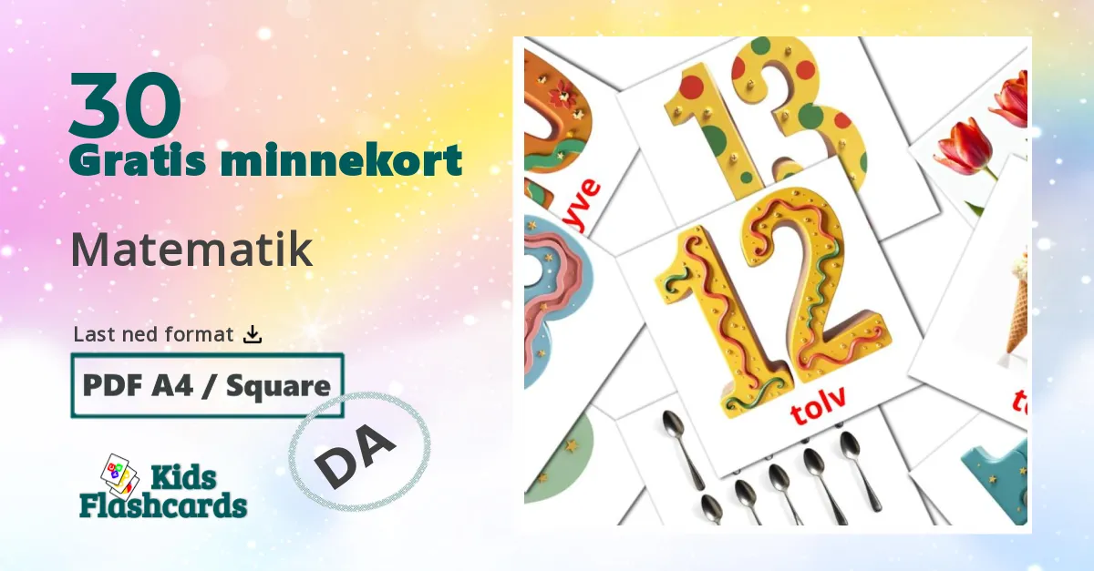 Matematik bildekort for barn på dansk