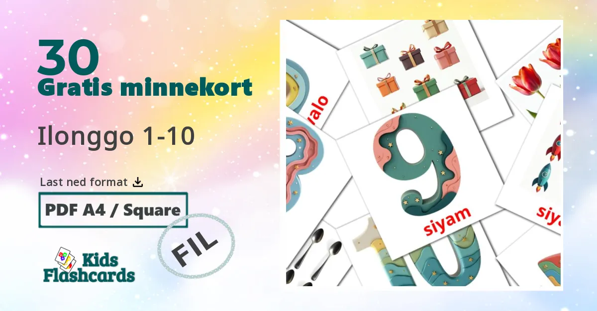 Ilonggo 1-10 bildekort for barn på filipino