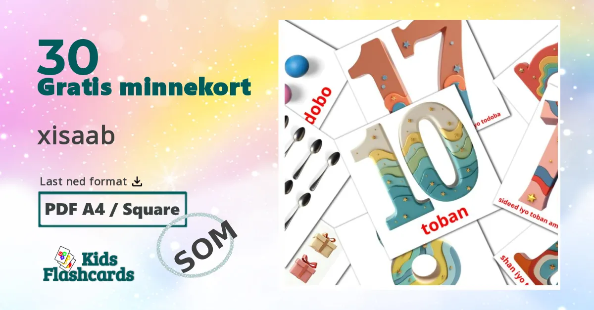 xisaab bildekort for barn på somali