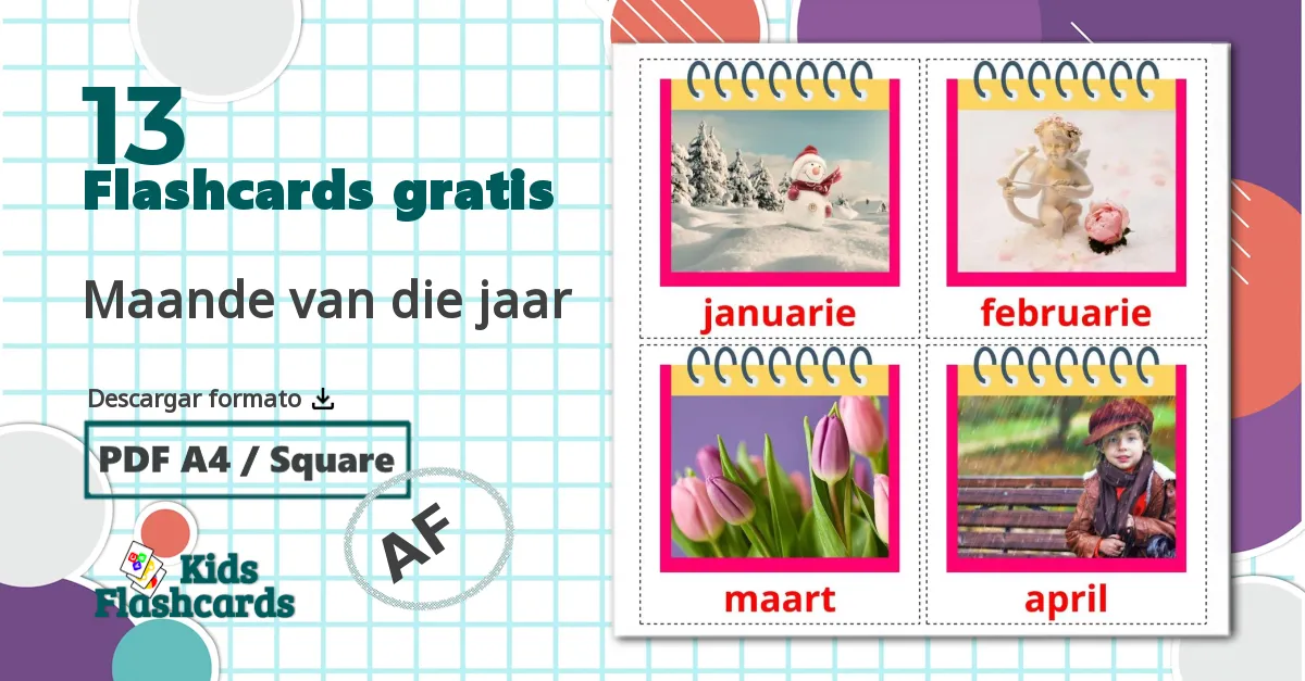 Meses del año - tarjetas de vocabulario en afrikáans