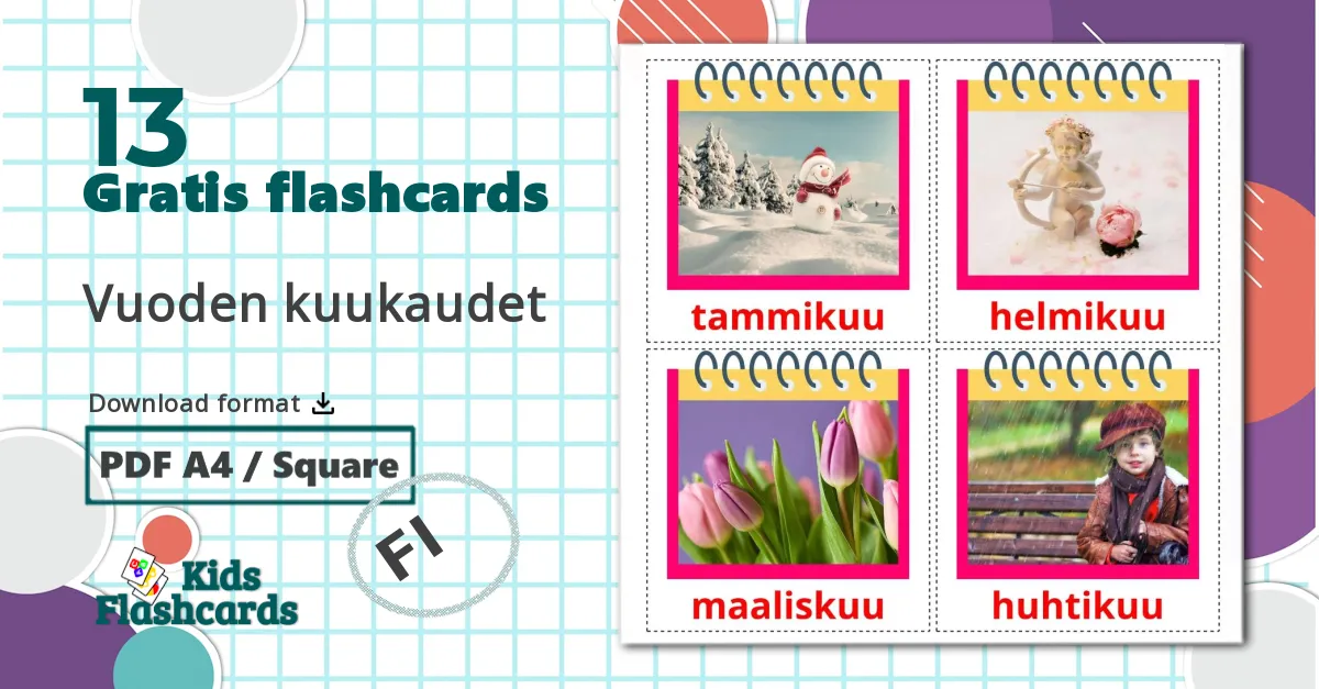 13 Vuoden kuukaudet billedkort for børn