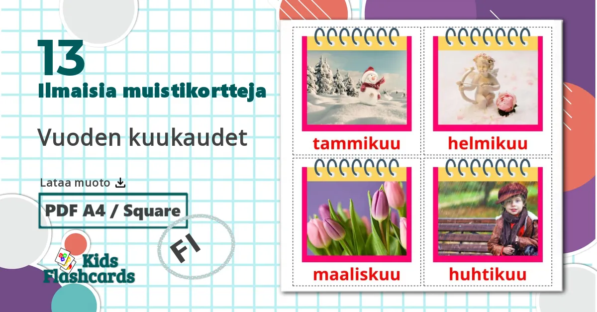 13 Vuoden kuukaudet lasten kuvakortit