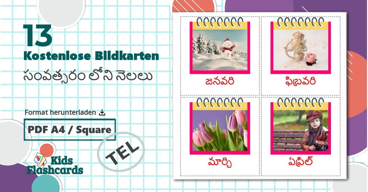 13 Bildkarten für సంవత్సరం లోని నెలలు