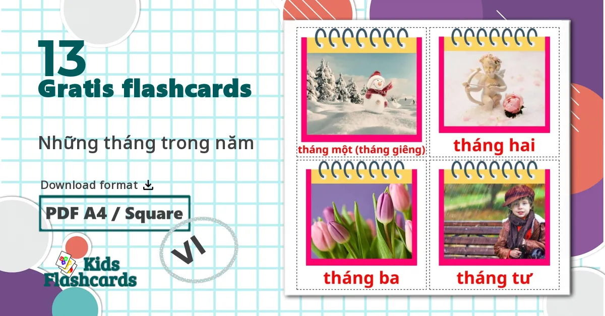 13 Những tháng trong năm billedkort for børn