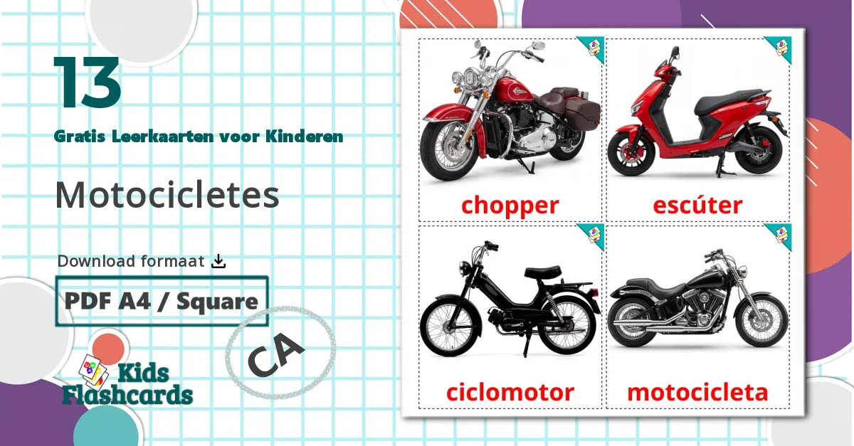 13 Motocicletes Leerkaarten voor kinderen