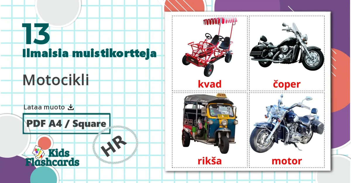 13 Motocikli lasten kuvakortit