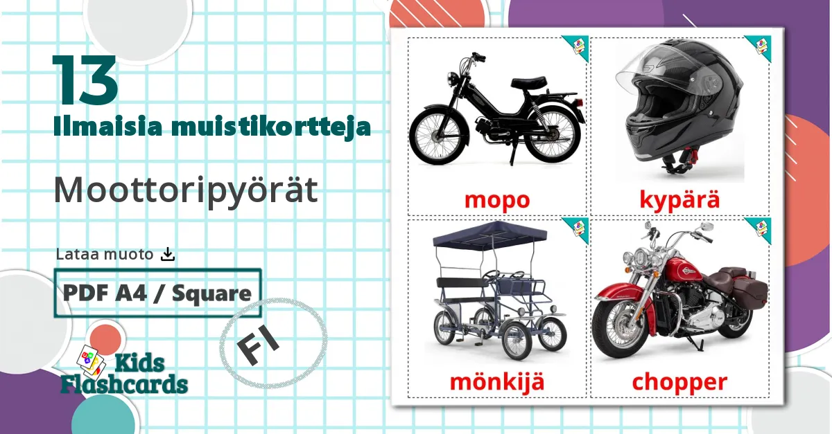 13 Moottoripyörät lasten kuvakortit