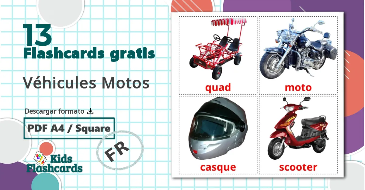 13 tarjetas didacticas de Véhicules Motos