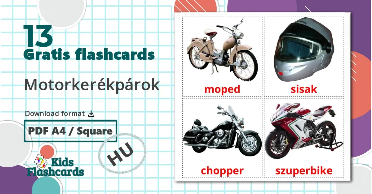 13 Motorkerékpárok billedkort for børn