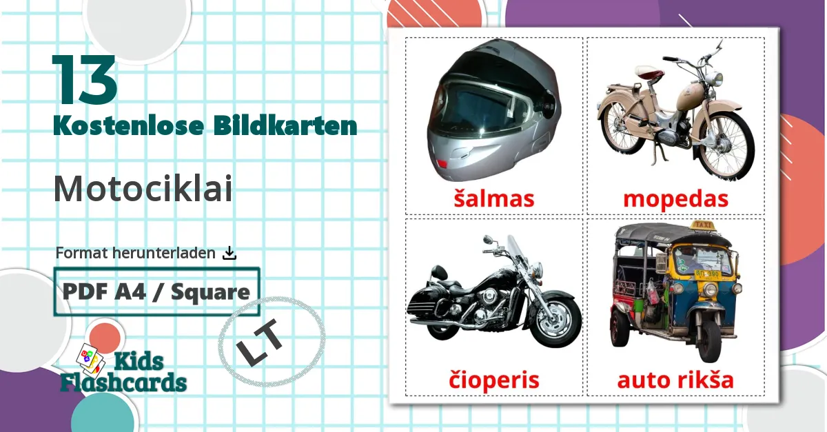 13 Bildkarten für Motociklai