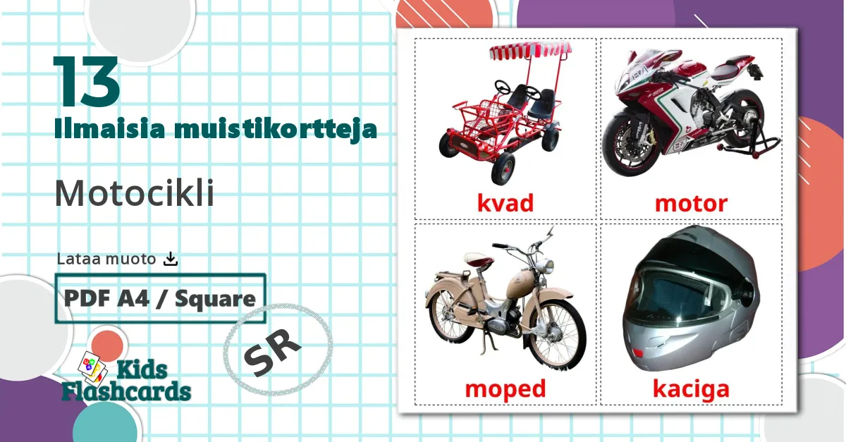 13 Motocikli lasten kuvakortit