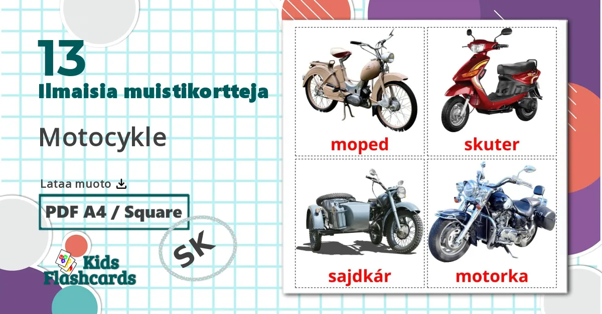 13 Motocykle lasten kuvakortit