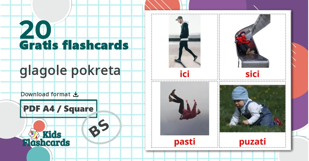 20 glagole pokreta billedkort for børn