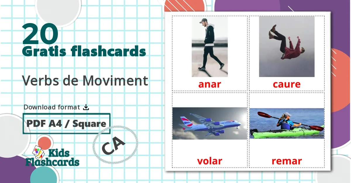 20 Verbs de Moviment billedkort for børn