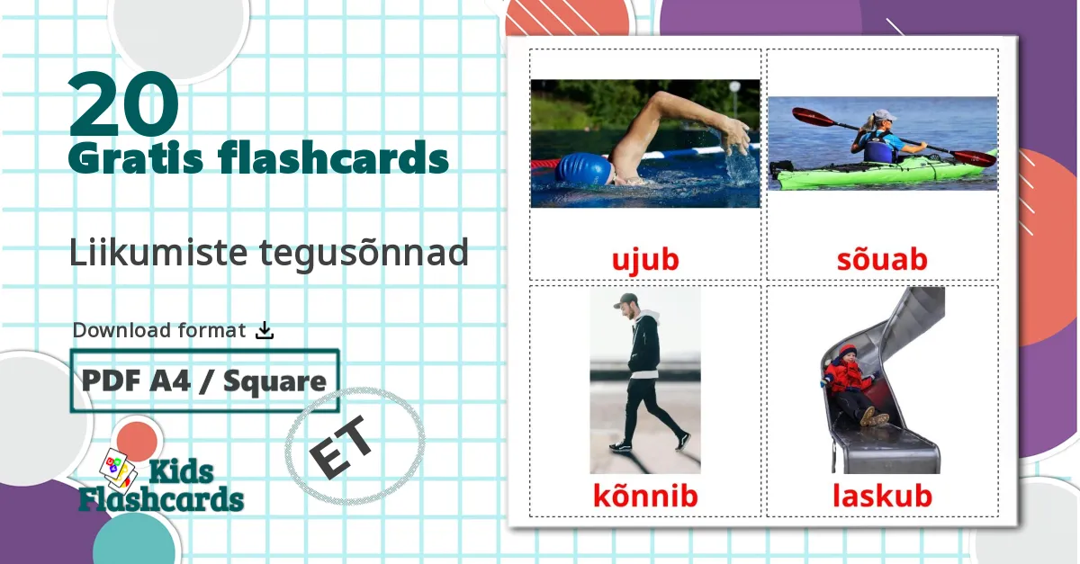 20 Liikumiste tegusõnnad billedkort for børn