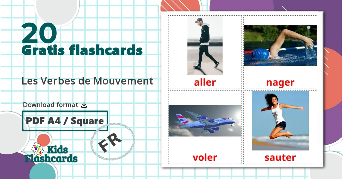 20 Les Verbes de Mouvement billedkort for børn