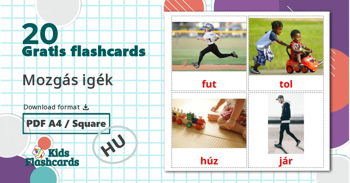 20 Mozgás igék billedkort for børn