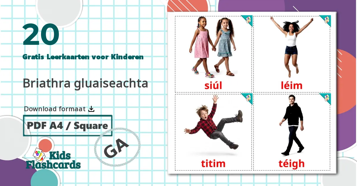 20 Werkwoorden van beweging Leerkaarten voor kinderen