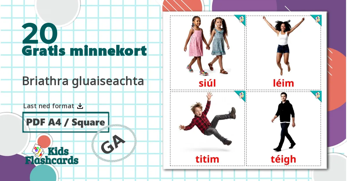 20 Briathra gluaiseachta bildekort