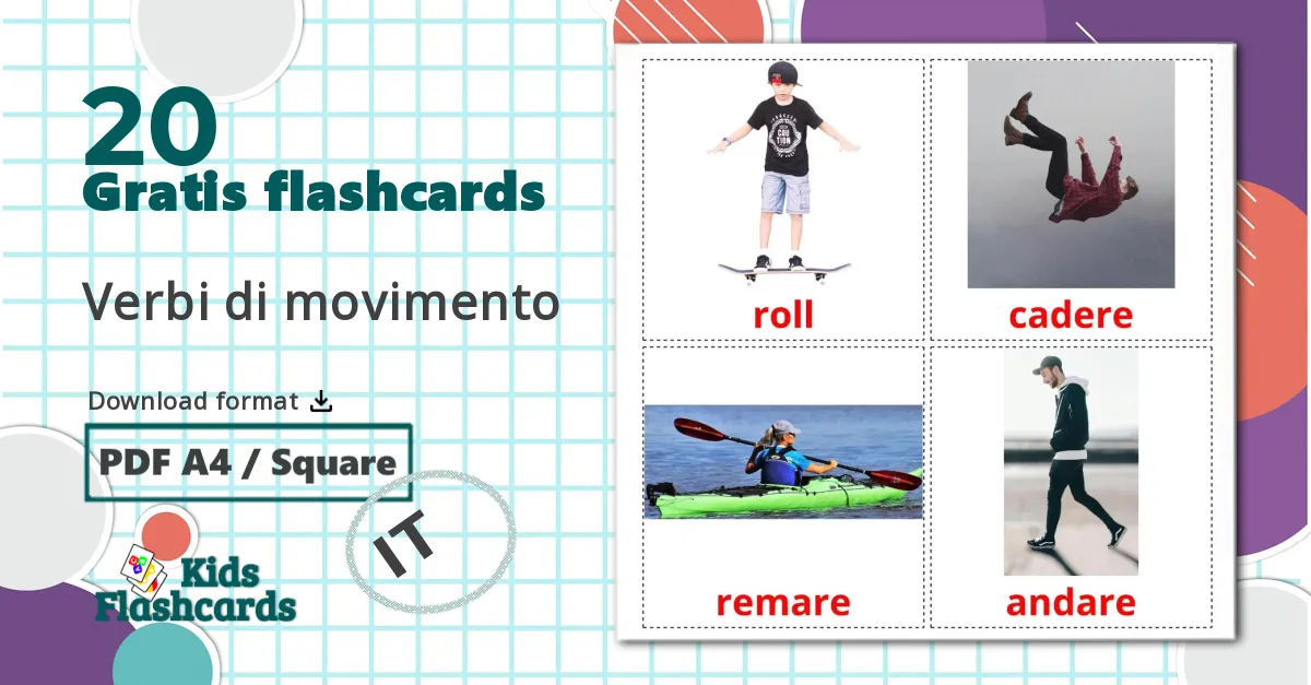 20 Verbi di movimento billedkort for børn