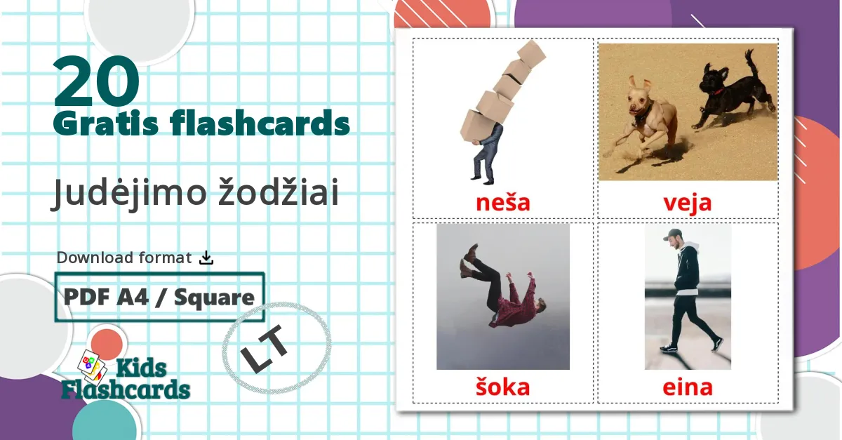 20 Judėjimo žodžiai billedkort for børn