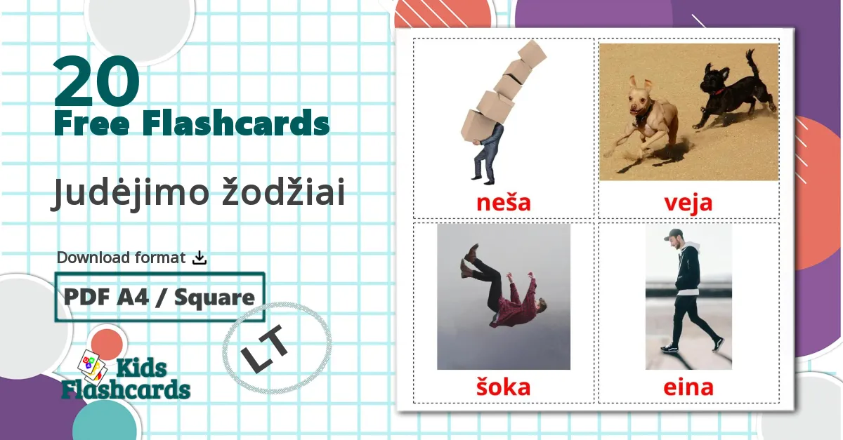 20 Judėjimo žodžiai flashcards