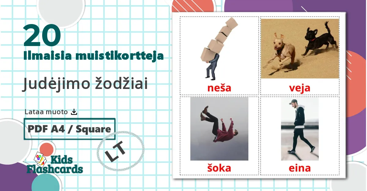 20 Judėjimo žodžiai lasten kuvakortit