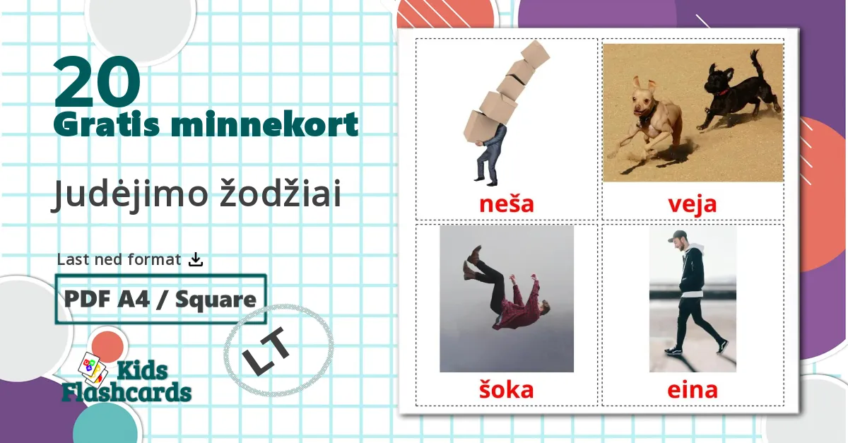20 Judėjimo žodžiai bildekort