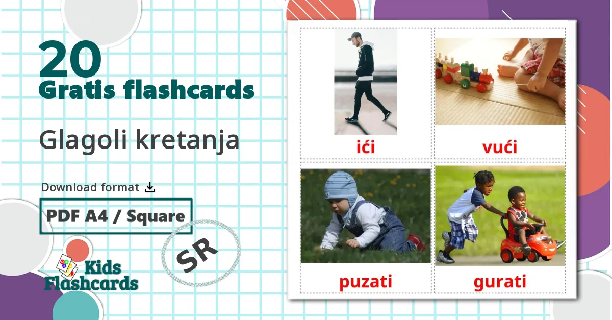 20 Glagoli kretanja billedkort for børn
