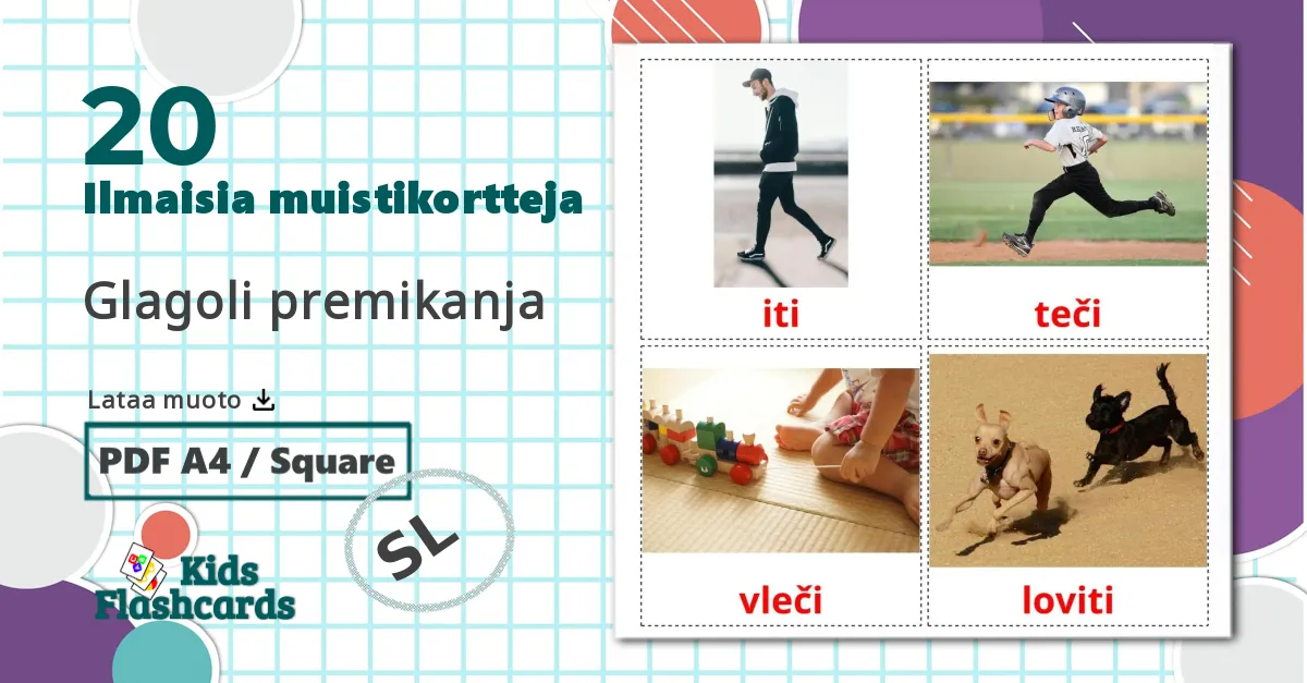 20 Glagoli premikanja lasten kuvakortit