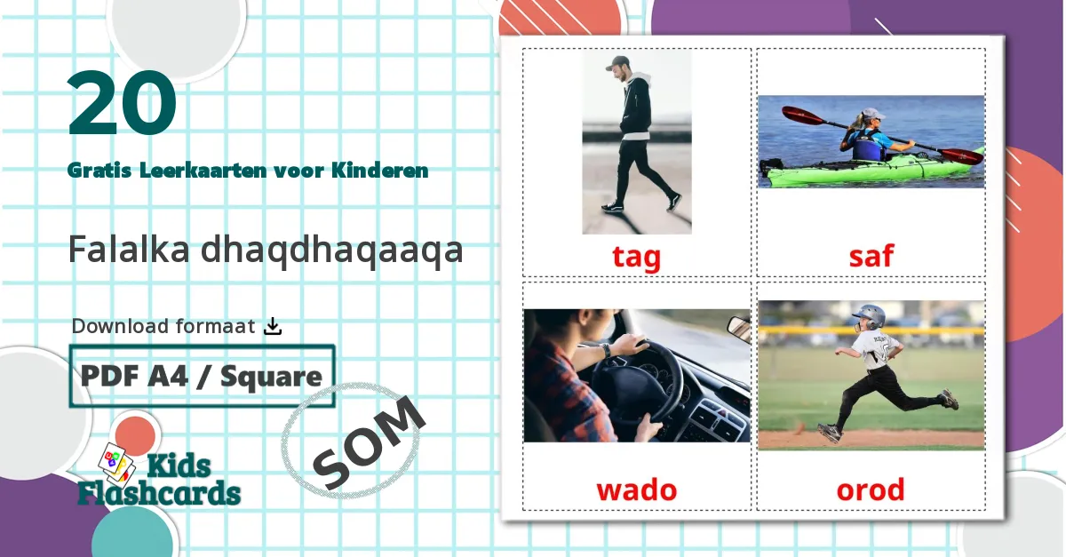 20 Werkwoorden van beweging Leerkaarten voor kinderen