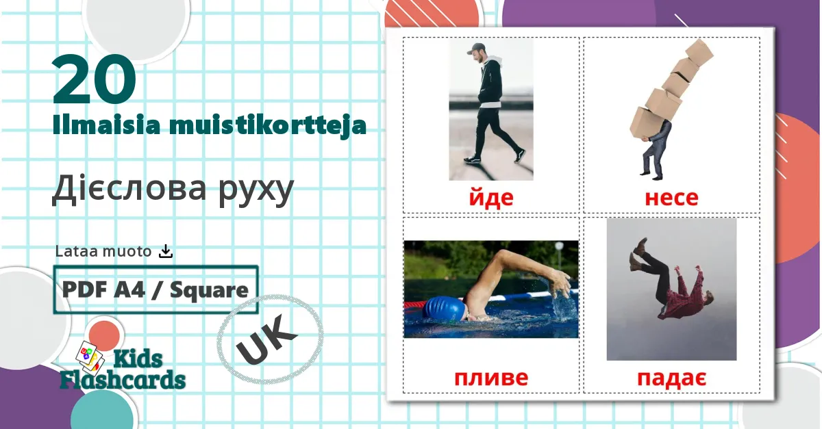 20 Дієслова руху lasten kuvakortit