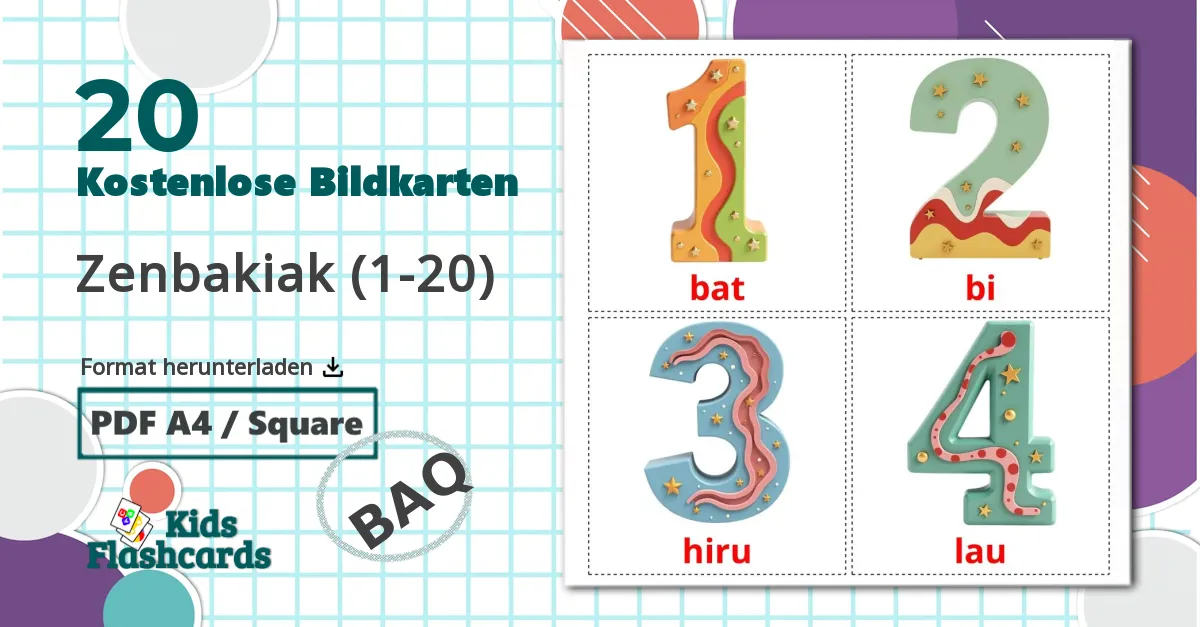 20 Bildkarten für Zahlen (1-20)